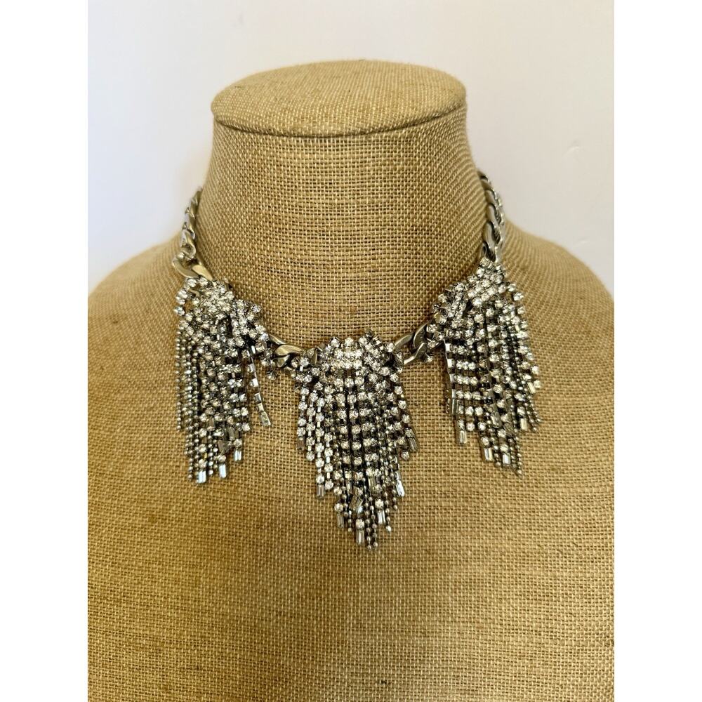 The Limited.. Clear Rhinestone Fringe Dangle Silver Tone Necklace